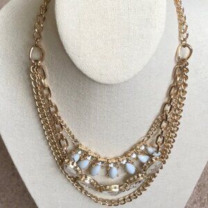 4 strand necklace, crystals, gold tone, light blue beads